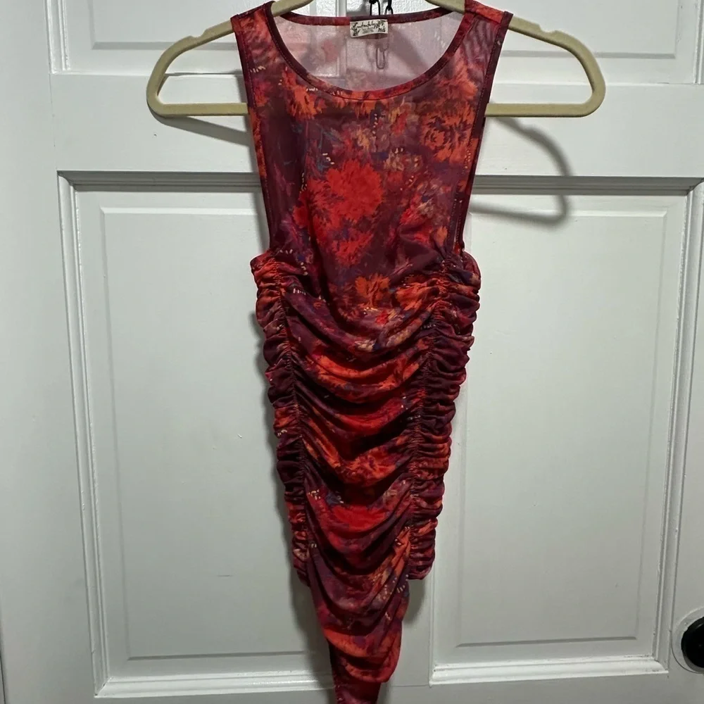 Free People Red Floral Mesh Bodysuit Size XS NWOT
